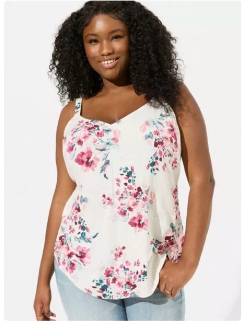 torrid White Floral V-Neck Cami with Pink Blossoms